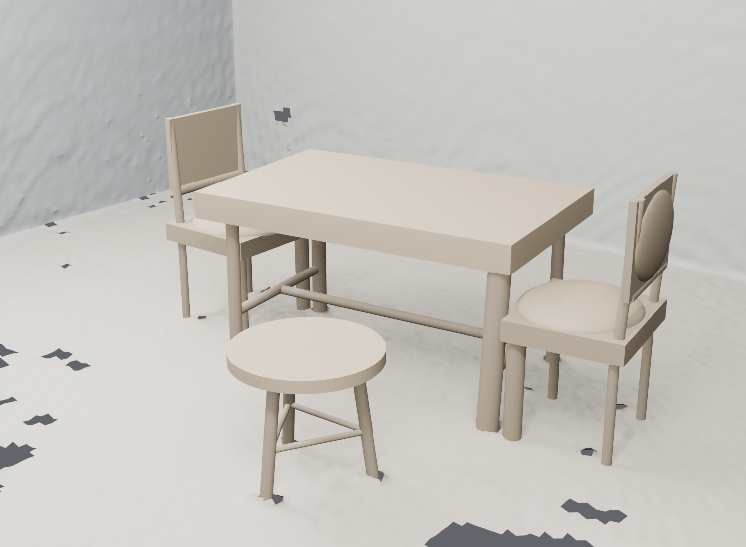 Actual Blender render of the complete table, two backed chairs and stool as 37 editable parts in an authored dining layout, with the observed environment retained.